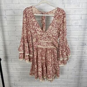 Free People Kristall Mini Dress Womens XS Red Floral Boho Lace‎ Trim Bell Sleeve